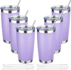 20 oz Tumbler with Lids and Straws, Stainless Steel Insulated Travel Coffee Mug, Double Wall Vacuum Insulated Tumblers, Powder Coated Coffee Tumbler for Cold & Hot Drinks (Light Purple,6pack)