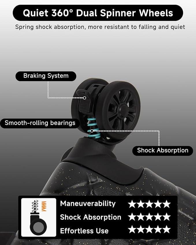 Somago Expandable Carry On luggage with Shock-Absorbing Braking Spinner Wheels Moon Star Design Hard Shell Suitcase with Cupholder TSA Lock (Black,Expandable 20 Inch)