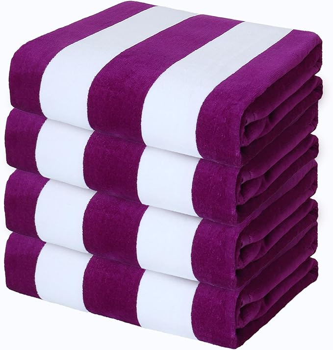 Exclusivo Mezcla 4 Pack Cotton Oversized 35x70 Inches Soft Cabana Stripe Thick Beach Towel, Super Absorbent Travel Bath Pool Towel (Purple)