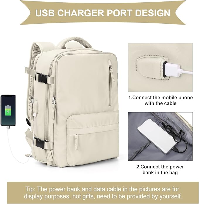 WONHOX Large Travel Backpack Women, Carry On Backpack,Hiking Backpack Waterproof Outdoor Sports Rucksack Casual Daypack with USB Charging Port Shoes Compartment,Beige