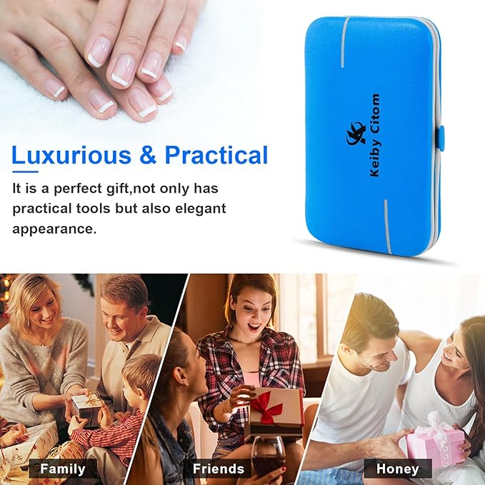 Manicure Set, Travel Mini Nail Clippers Kit Pedicure Care Tools, 10pcs Stainless Steel Grooming kit (Blue)