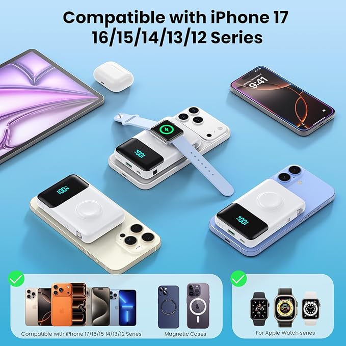 Magnetic Portable Charger for iPhone with Built-in Cable,10800mAh Wireless Power Bank for Magsafe Travel Essential,6-in-1 25W PD Fast Charging USB C Battery Pack for iPhone 17/16/15/14/13, Apple Watch