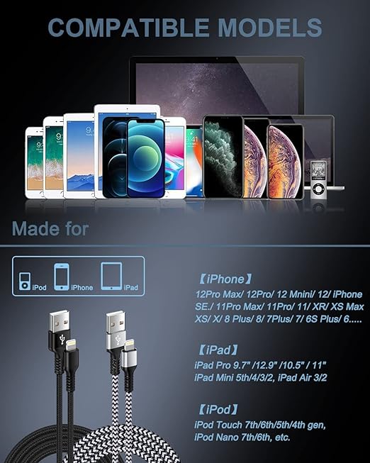 2Pack/10Ft USB to Lightning Cables, Braided iPhone Charger Wire, Apple Certified Fast Charging Power Cord for iPhone 14 13 Pro Max 12 11 Mini SE 10 XR XS X 8 Plus 7 6 6s, Lightening Chord Quick Charge