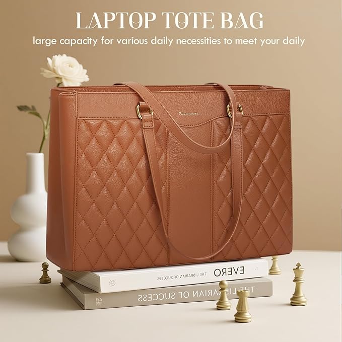 RAINSMORE Laptop Bag for Women 15.6 Inch Work Tote Bags Leather Laptop Tote Professional Laptop Purse Computer Handbag Womens Briefcase Tote with Clutch for Teacher Office Travel, Brown