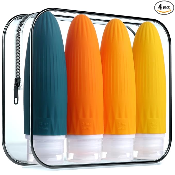 Gemice Travel Bottles for Toiletries, Travel Essentials Refillable Leak Proof Travel Size Toiletries, 3oz TSA Approved Sillicone Squeezable Travel Size Containers for Shampoo Wash Body Lotion (4 Pack)