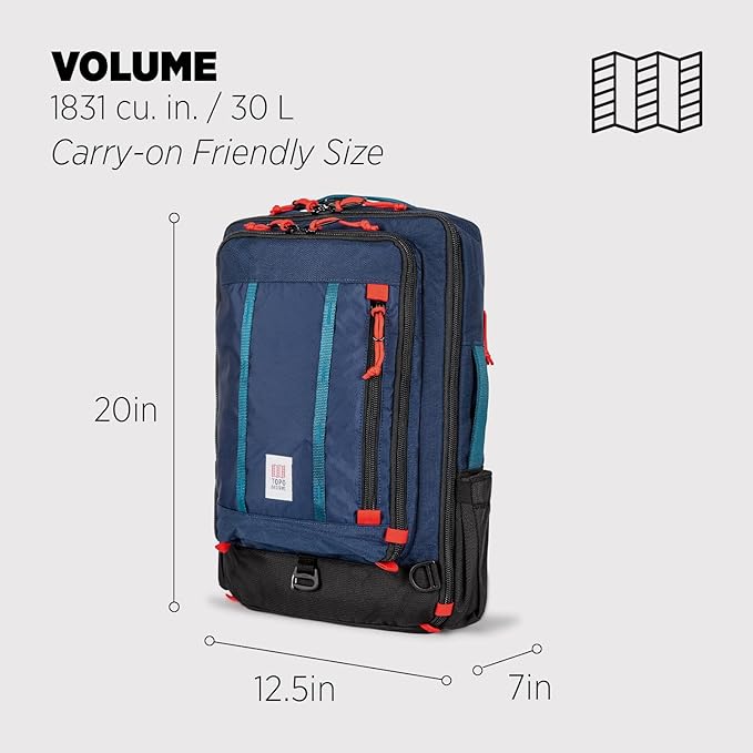 Topo Designs Global Travel Bag – 30L or 40L - Carry-On Compliant Most Airlines, Durable Travel Duffel Bag, Clam Shell Main Pocket, Laptop Sleeve, Backpack, Luggage (30L / Navy)
