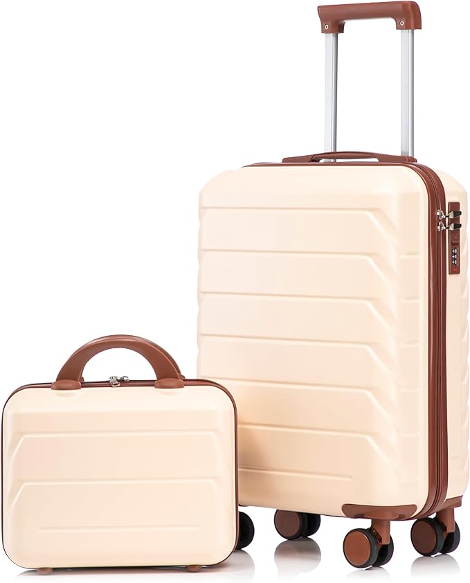 20 Inch Carry on Luggage with 14 Inch Cosmetic Case, 2 Pcs Hardshell Lightweight Durable Spinner Suitcase Set for Travel, Women, Men, TSA Lock, ABS, 20+14 Inch, Beige
