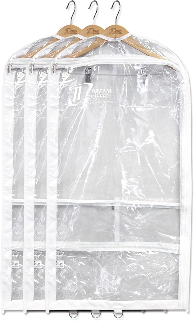 Clear Garment Bags for Dance Costumes 3-Pack, Gusseted, Regular-Size, Side Zipper Entry, Storage Pockets for Accessories, 37”x18”x3”, Dream Duffel