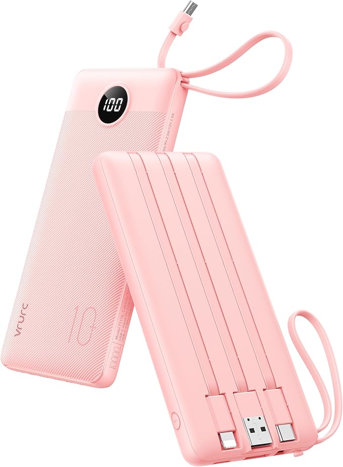 VRURC Portable Charger Power Bank, 10000mAh Travel Essentials Battery Pack, Compact USB C Charging Bank Built-in Cables Cords Compatible with iPhone 17 Pro 17 16 15 14 13,Samsung-Pink(1 Pack)