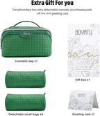 BOYATU Travel Makeup Bag Cosmetic Bags for Women: Large Capacity 3 Pcs Set Make up Bag with Compartments - Waterproof Vegan Leather Toiletry Organizer Bags with Handle (L38 Green)