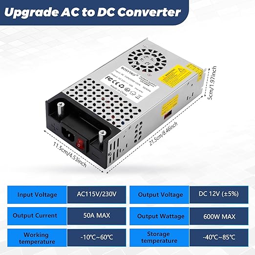 12V DC Power Supply 600W AC to DC Converter SMPS 50A 12V Switching Power Supply Transformer for 3D Printer, RV, Led Strip, Motor Pump, CCTV, Electronic Instruments, Lab Computer