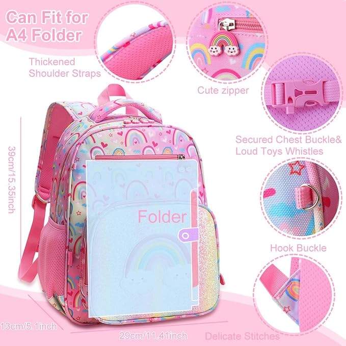 RHCPFOVR Kids Backpack for Girls - Girls Backpack 3-8 Ages Rainbow for Kids 15 Inch School Bookbag for Kindergarten Elementary School Bookbag for Girl 1st 2nd Grade