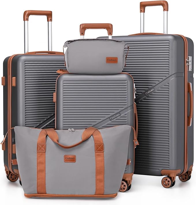 Cosbarn 5 Piece Luggage Sets with Spinner Wheels, Hardshell ABS Suitcase Set with Tsa Lock, Lightweight Hardside Waterproof Travel Suitcases for Men Women, Grey (20"/24"/28")