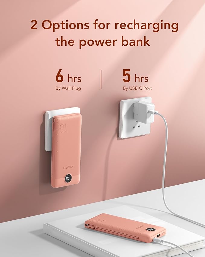 VEGER Portable Charger with Built-in AC Plug and Cables, All in One 10000mAh Ultra Slim Power Bank Travel Essentials, Fast Charging Battery Pack Compatible with iPhone, Samsung, More(Dark Pink)
