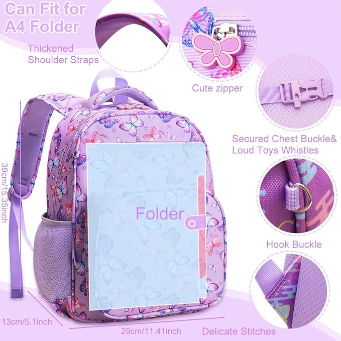 RHCPFOVR Kids Backpack for Girls - Girls Backpack 3-8 Ages Butterfly for Kids 15 Inch School Bookbag for Kindergarten Elementary School Bookbag for Girl 1st 2nd Grade