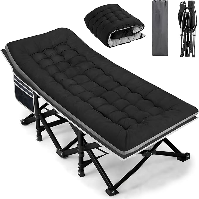 Fragess Portable Camping Cot, Sleeping Cots for Adults, 28" Extra Wide Heavy Duty Folding Cot Max Load 600LBS with Thick Mattress, Portable Camping Bed for Outdoor Camp/Office, Home Nap (Black)