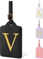 Personalized Initial Luggage Tags for Suitcase TSA Approved, Black Leather Cute Luggage Tag with Privacy Cover Name Card, Embroidered Custom Luggage Tags Travel Backpack Tags Gifts for Women Kids(V)