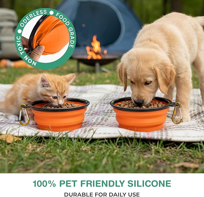 Collapsible Dog Bowls for Travel, Portable Dog Water Bowl & Food Bowl for Dogs and Cats, Foldable Pet Feeding Dish for Walking Hiking Camping with Carabiner, BPA Free, Orange