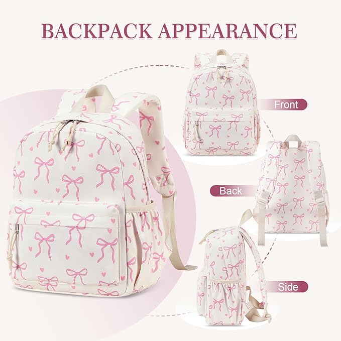 LOIDOU Backpack for Girls School Backpacks Bookbags for Elementary Middle School Women Laptop Backpacks (Mini Bow tie Beige, S-12)