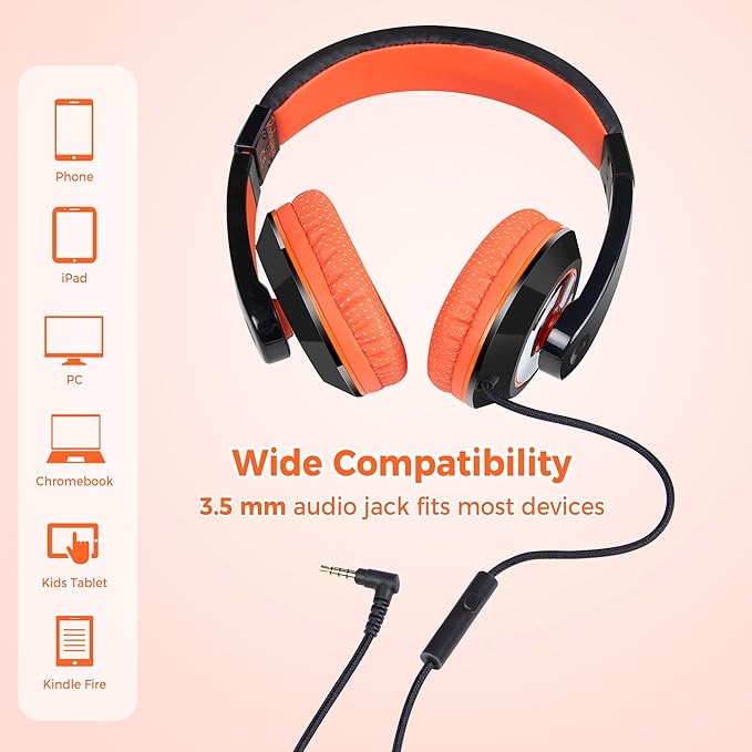 rockpapa Comfort+ Kids Headphones with Microphone, Boys Girls Student Over-Ear Headphones Wired Foldable for School Classroom Laptop PC Computer Tablet Black/Blue+Black/Orange