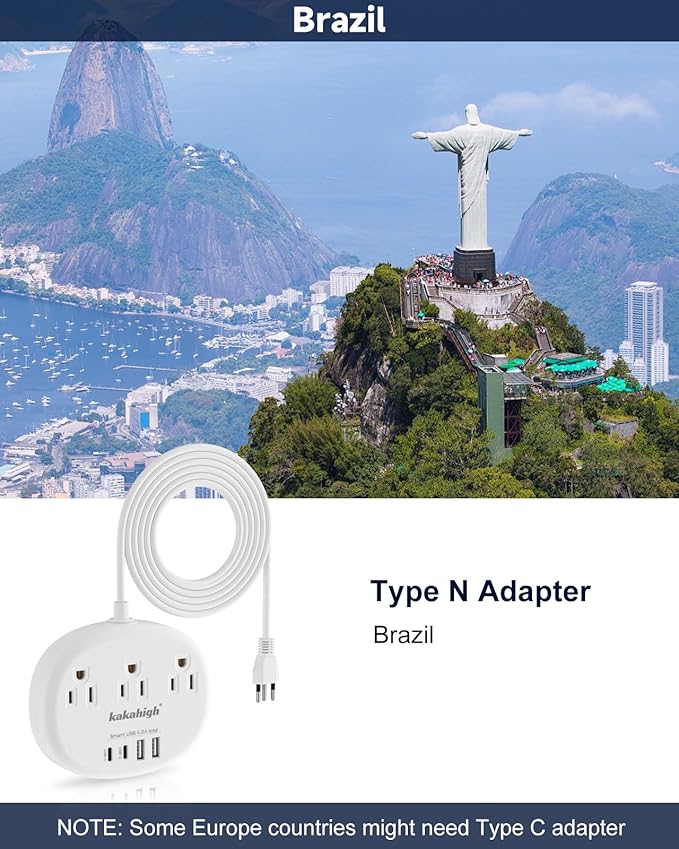 Brazil Power Adapter, Outlet Adapter for Brazil with 3 American Outlets 4 USB Ports (2 USB-C) Total 24W, Type N Plug Adapter for USA to Brazil, 3FT