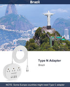 Brazil Power Adapter, Outlet Adapter for Brazil with 3 American Outlets 4 USB Ports (2 USB-C) Total 24W, Type N Plug Adapter for USA to Brazil, 3FT