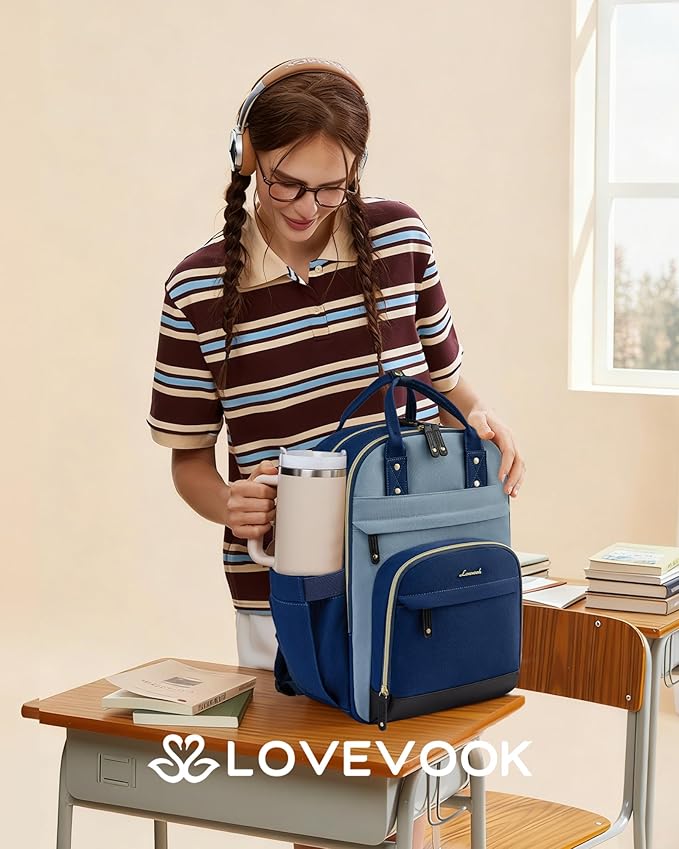 LOVEVOOK Laptop Backpack Women with Giant Tumbler Holder,17.3 inch Work Travel Backpack Computer Laptop Bag,Cute College Nurse Teacher Backpack Purse,Gift for Women & Men,Indigo blue-Mint green-Indigo
