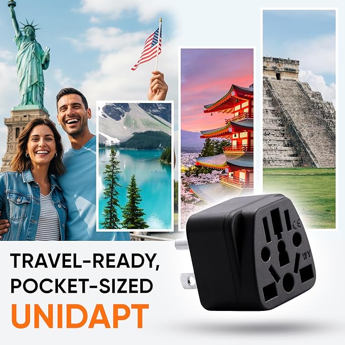 Unidapt US Travel Plug Adapter, EU,AU,UK,NZ,CN to USA (Type B), Grounded 3 Prong USA Wall Plug, EU to US Travel Adaptor Pin Converter, Power Outlet Charger (1-Pack)