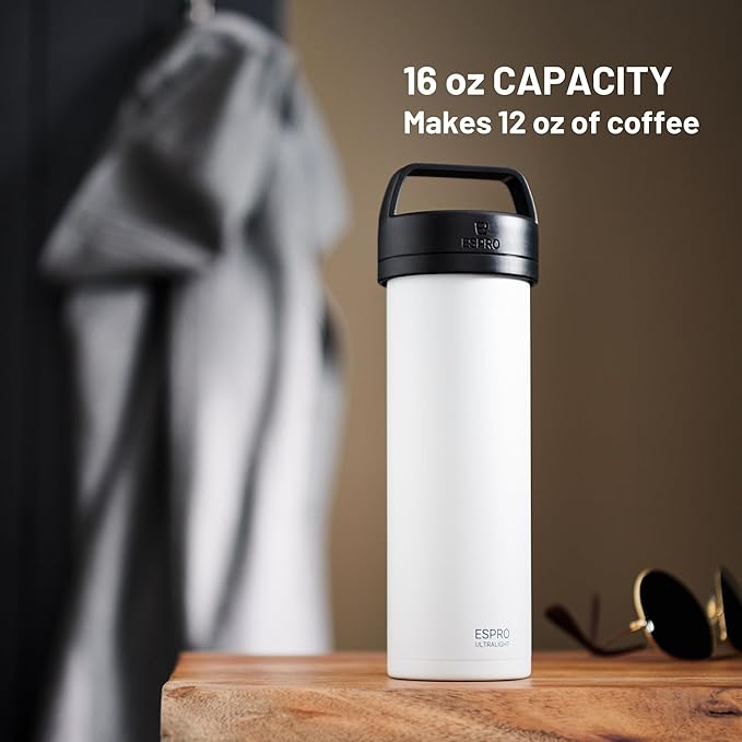 ESPRO Go P0 Ultralight French Press Coffee Maker for Travel, Vacuum Insulated Stainless Steel, 16 Ounces, Chalk White