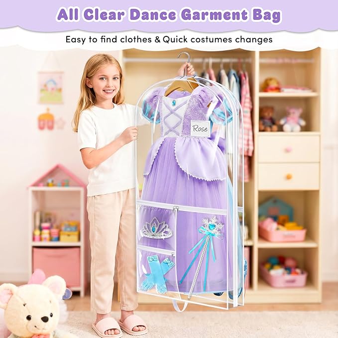 SLEEPING LAMB Dual-sided 6 Pockets Dance Garment Bags for Dancers, 40" Clear Kids Dance Costume Bag for Dance Competition Hanging Garment Bag for Ballet, Outfits, Cheer Uniform, Dress, 2 Packs, White