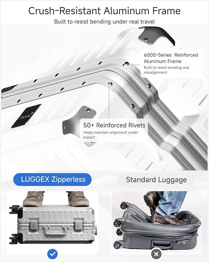 LUGGEX Checked Suitcase with Spinner Wheels, 8010S Aluminum Frame Zipperless Polycarbonate Hard Shell Suitcase (ZX-Core, Silver, 28 Inch)