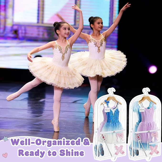 SLEEPING LAMB Dual-sided 6 Pockets Dance Garment Bags for Dancers, 40" Clear Kids Dance Costume Bag for Dance Competition Hanging Garment Bag for Ballet, Outfits, Cheer Uniform, Dress, 2 Packs, White