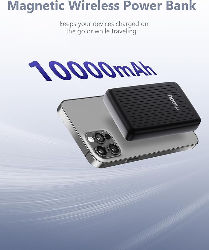 Miady Magnetic Portable Charger Power Bank for iPhone 10000mAh, 15W MagSafe-Compatible Wireless Portable Charger, 22.5W USB-C Charging Battery Pack for iPhone 17/16/15/14/13/12
