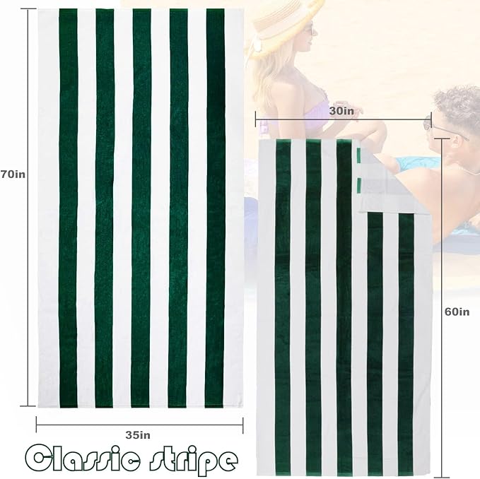Exclusivo Mezcla 4 Pack Cotton Oversized 35x70 Inches Soft Cabana Stripe Thick Beach Towel, Super Absorbent Travel Bath Pool Towel (Forest Green)