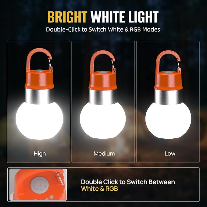 3-Pack Rechargeable LED Camping Lanterns, Mini Tent Light with 10 Modes & Hanging Clip, IPX5 Waterproof Small Outdoor Ambient Lighting for Hiking, Emergency, Fishing (Mixed Colors