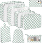 KPX 8 Set Packing Cubes for Travel, Luggage Packing Organizers Accessories Large Toiletries Bag for Clothes Shoes Cosmetics (8Set-Green Checkered)
