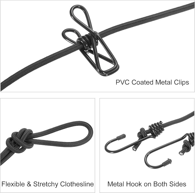uxcell Travel Clothesline, Portable Clothesline with 12 Clothespins, 1.85M/6.07ft Windproof Stretchy Elastic Laundry Clothes Line for Backyard Hotel Camping Indoor Outdoor, Black