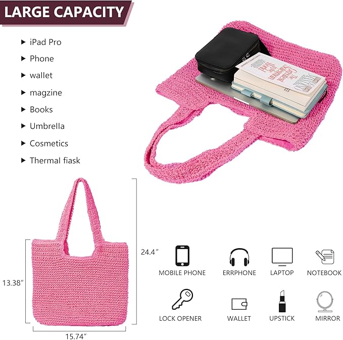 GOLDTIMO Beach Bags for Women - Summer Soft Large Woven Shoulder Purse Handbag, Beach Tote Straw Bag for Summer Vacation