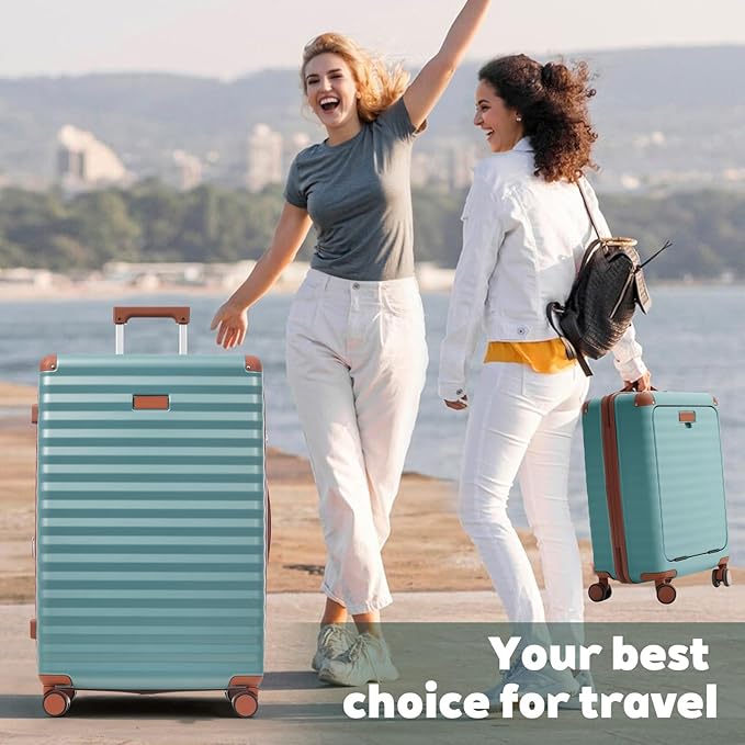 5 Piece Luggage Set w/TSA Locks & USB Port, Front Opening Hard Shell Luggage Sets, Expandable Suitcase Set with Wheels and Cup Holder(20"/24"/28") (Blue Green)