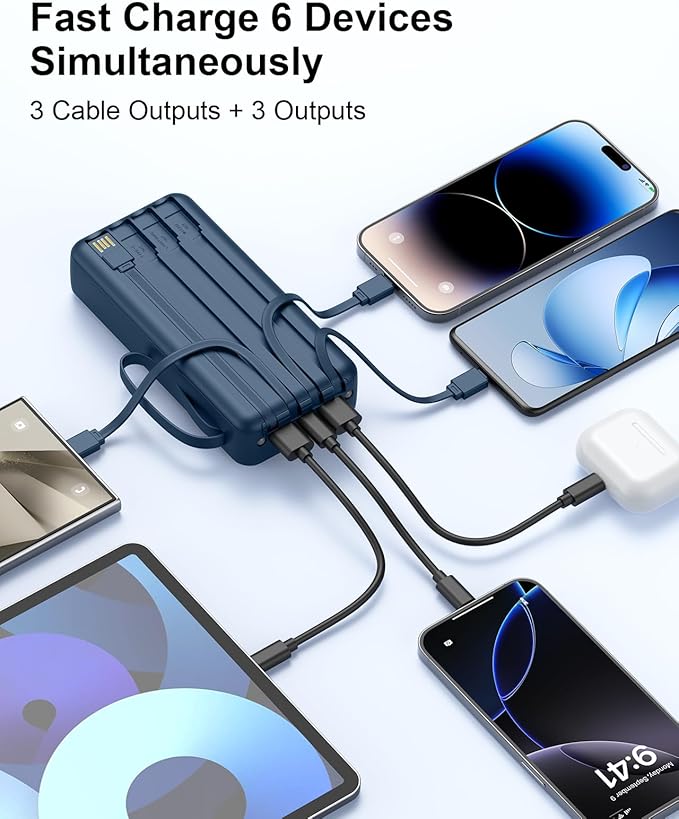 Portable Charger with Built-in Cables, 20000mAh Slim 22.5W Fast Charging Power Bank with LED Display, USB C Battery Pack 6 Outputs & 2 Inputs, Travel Essential Charger for iPhone, Samsung, Google etc