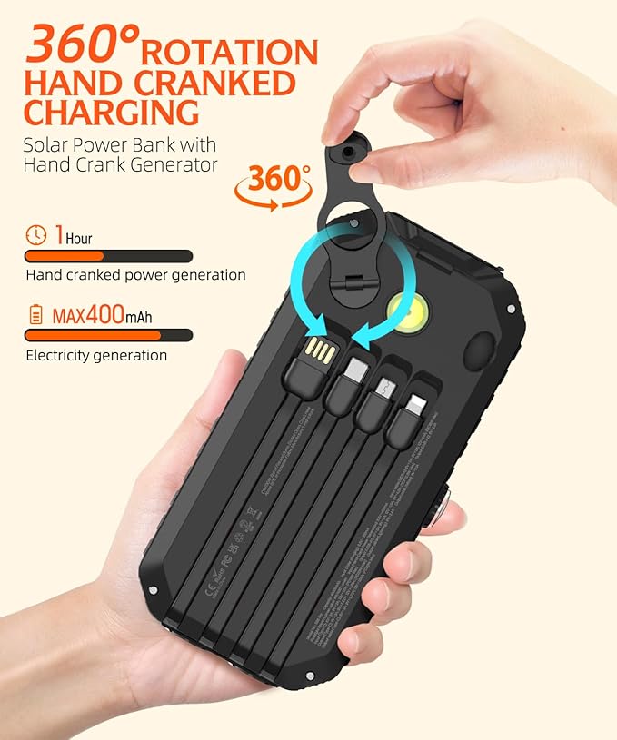 Solar Charger Power Bank 40000mAh Built in 4 Cables and Hand Crank, Portable Charger 22.5W Fast Charger 6 Outputs & 4 Inputs External Battery Pack with Bright Flashlight and Compass