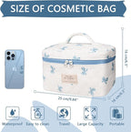 Gosect Large Makeup Bag, Cute Cosmetic Bag for Women Girls, Floral Coquette Aesthetic Toiletry Bag, Travel Make Up Organizer Bag (White Blue Butterfly Flower)
