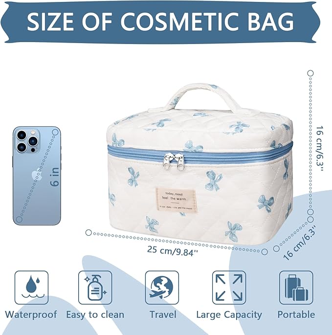 Gosect Large Makeup Bag, Cute Cosmetic Bag for Women Girls, Floral Coquette Aesthetic Toiletry Bag, Travel Make Up Organizer Bag (White Blue Butterfly Flower)