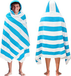 COTTON CRAFT Hooded Beach Towel – Oversized 35 x 70 Towel with Hood for Adults - 100% Cotton Velour Dobby Terry Towel - 450 GSM Pool Bath Wrap - Soft Absorbent Quick Dry – Cabana Stripe Aqua
