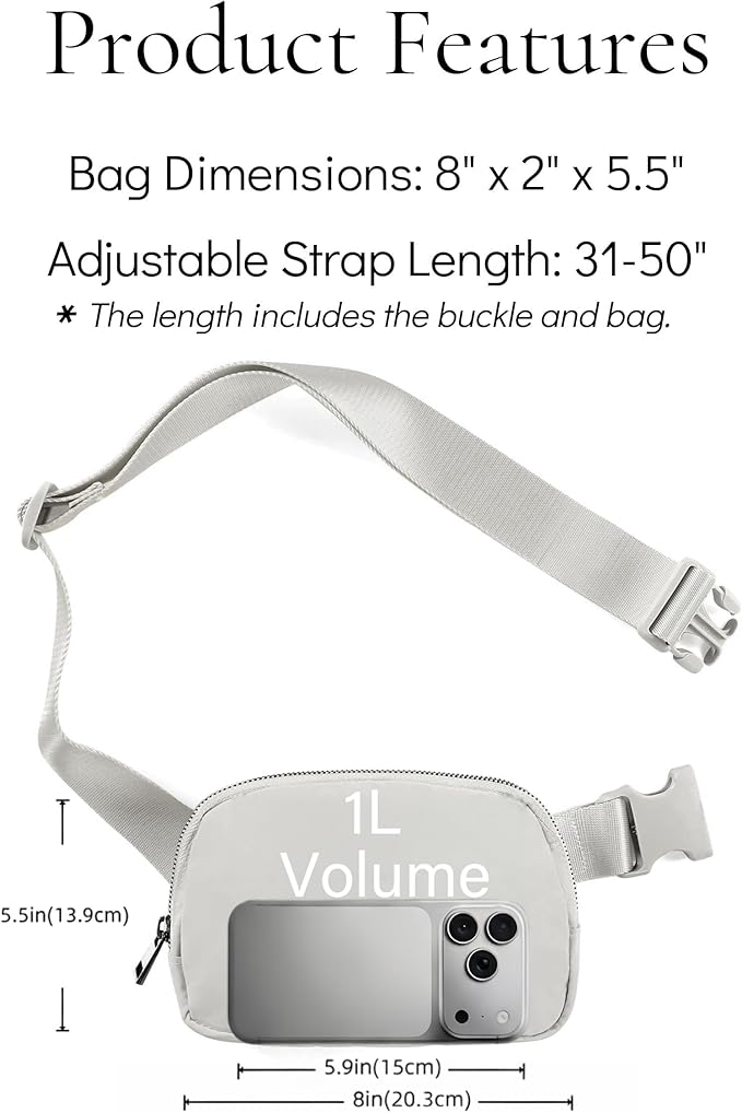 YOSHUYUKI Fanny Pack Crossbody Bag Trendy Waterproof Small Sling Cross Body Purse for Women Men Fashion Waist Packs Mini Belt Pouch Chest Bum Hip Bag Lulu Dupes for Travel Vacation Running Ash