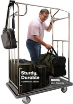 Brushed Stainless Steel Luggage Cart – 800lb Capacity – Bellman Cart w/ 5” Rubber Wheels & Gray Carpet, for Hotel, Resorts, Condos, Commercial Use (Value Valet Series)