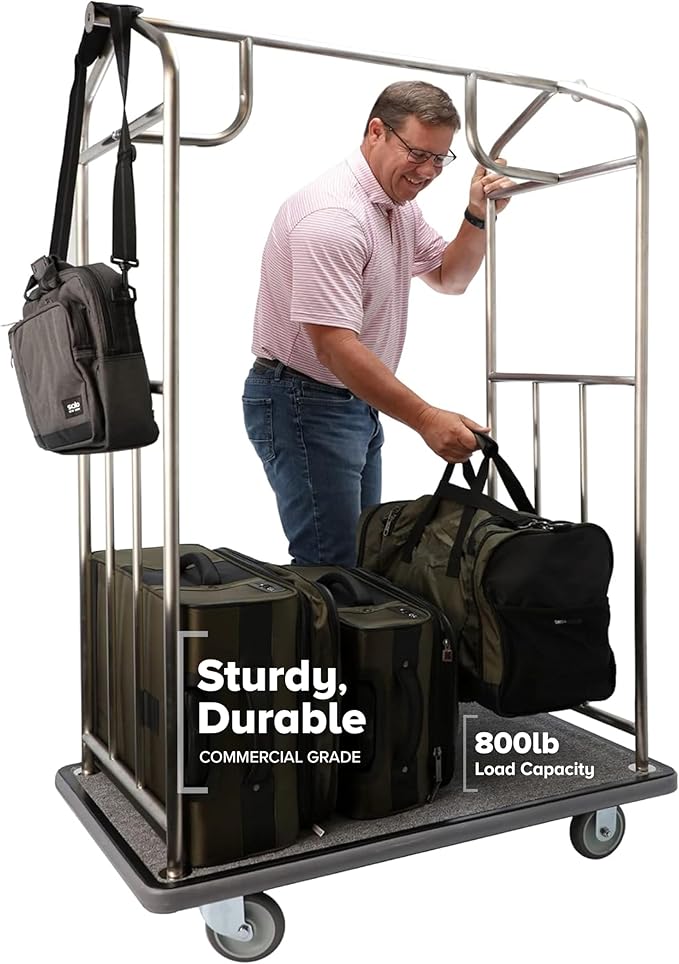 Brushed Stainless Steel Luggage Cart – 800lb Capacity – Bellman Cart w/ 5” Rubber Wheels & Gray Carpet, for Hotel, Resorts, Condos, Commercial Use (Value Valet Series)