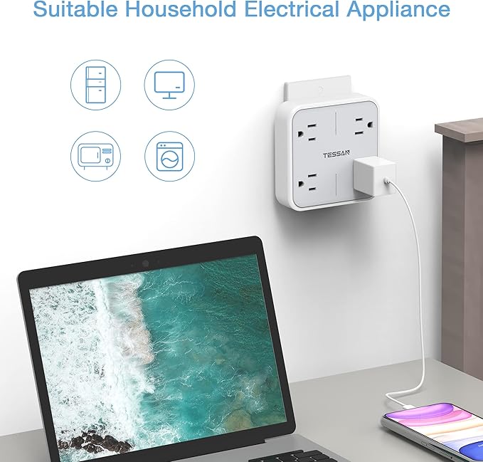TESSAN Multi Plug Outlet Extender, Surge Protector Splitter with 4 Outlets Wall Charger, Multiple Expander for Travel, Home, College Dorm Room, Gray