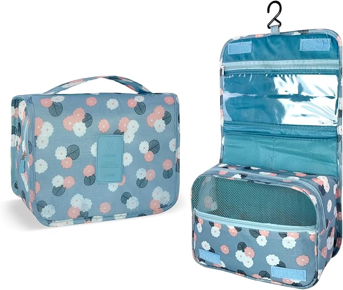 Lcsmaokin Large Capacity Toiletry Bag Travel Bag with Hanging Hook for Men and Women Waterproof Travel Cosmetic Bag Bathroom Storage Bag for Brushes Set,Full-Sized Shampoo,Accessories-Blue Flower