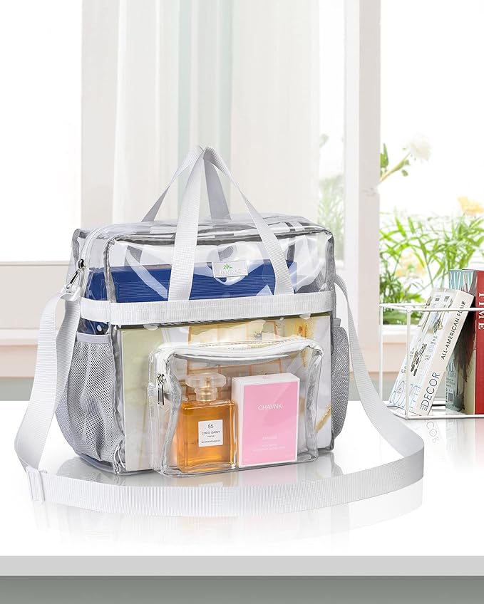 MAY TREE Clear Bag for Stadium Events 12×6×12 Clear Tote Lunch Bag with Reinforced Straps for Work, Sporting Events and Gym, White